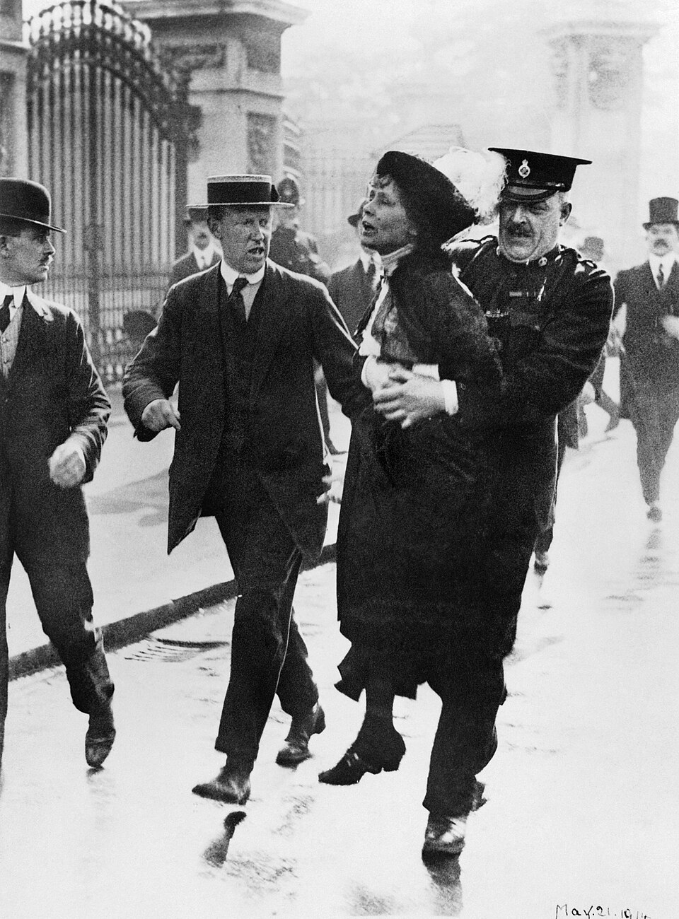 Mrs Emmeline Pankhurst arrested outside Buckingham Palace, 1914