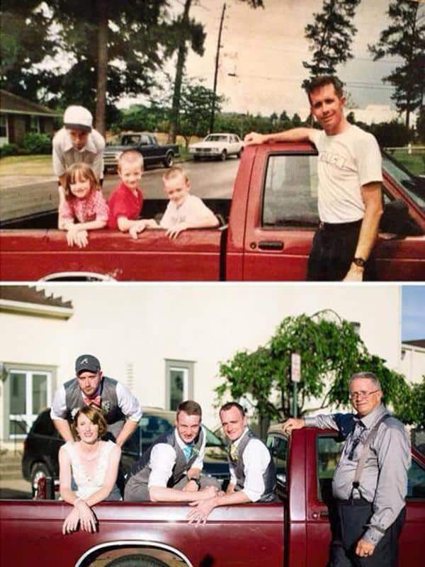 A photo of a family in their red truck, then and now