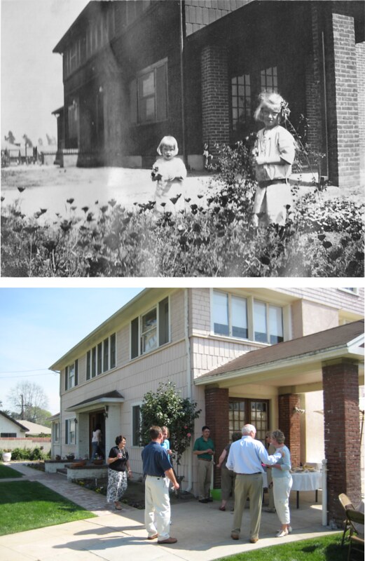ABOVE: Hildur and Jean Richardson in front of their father Fred Richardson's house, about 1915 BELOW: Richardson descendants gather for lunch with the current owners of the house, March 2008