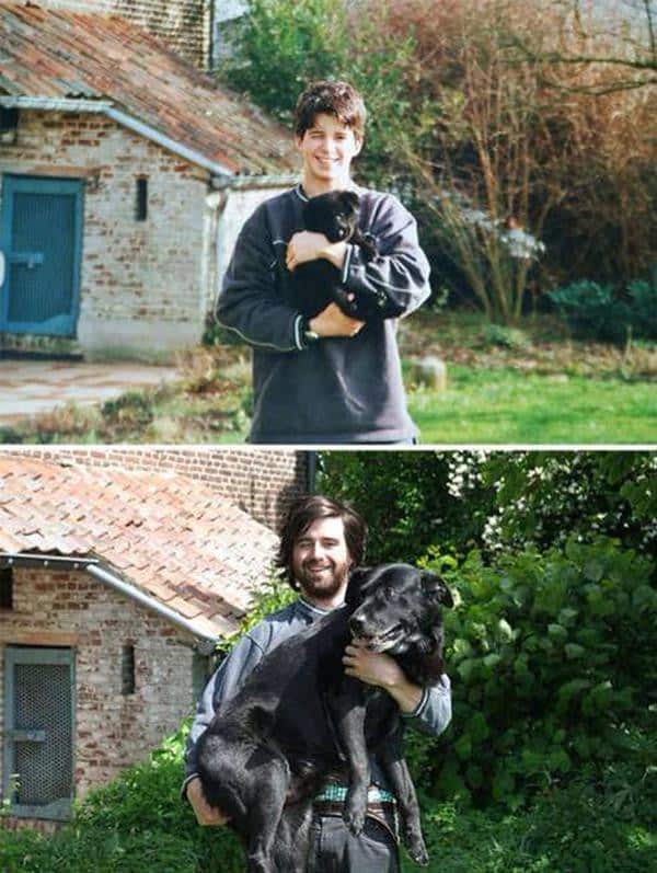A guy holding his pet dog, taken years apart