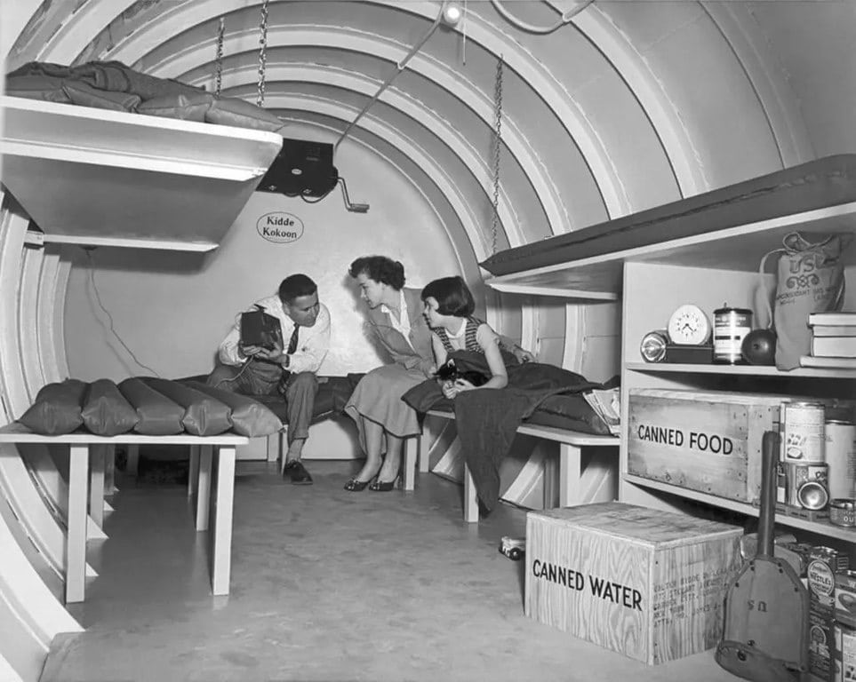 Family in underground bomb shelter, Long Island, 1955