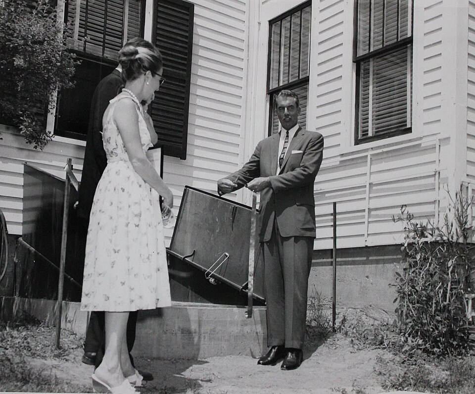 Ribbon cutting for prototype fallout shelter, Vermont