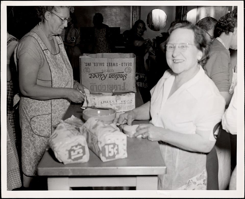 Making sandwiches for evacuees, Vermont, 1956