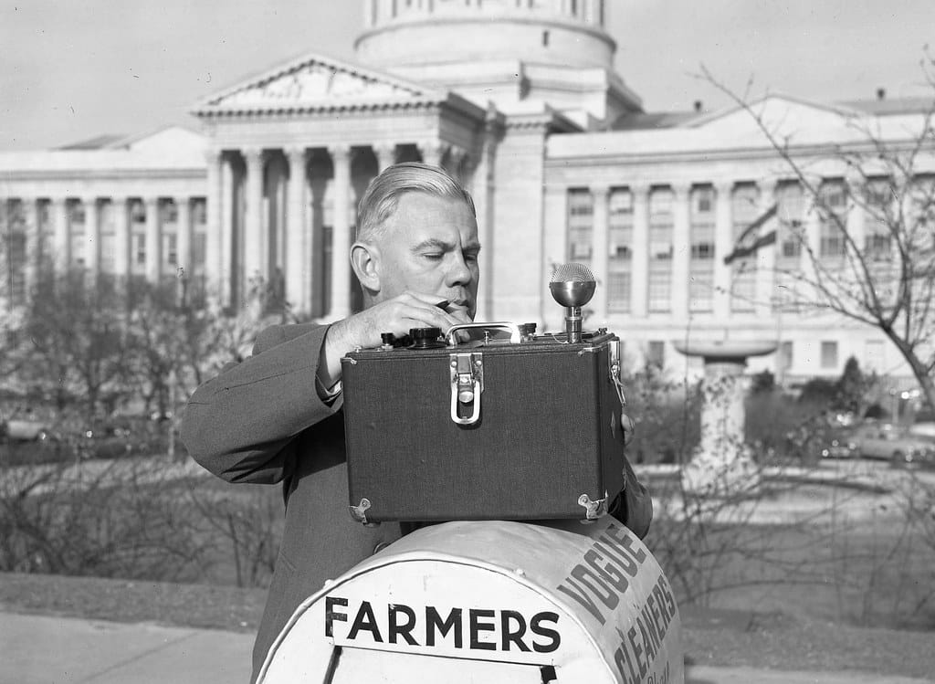 Checking siren sound levels, 1951