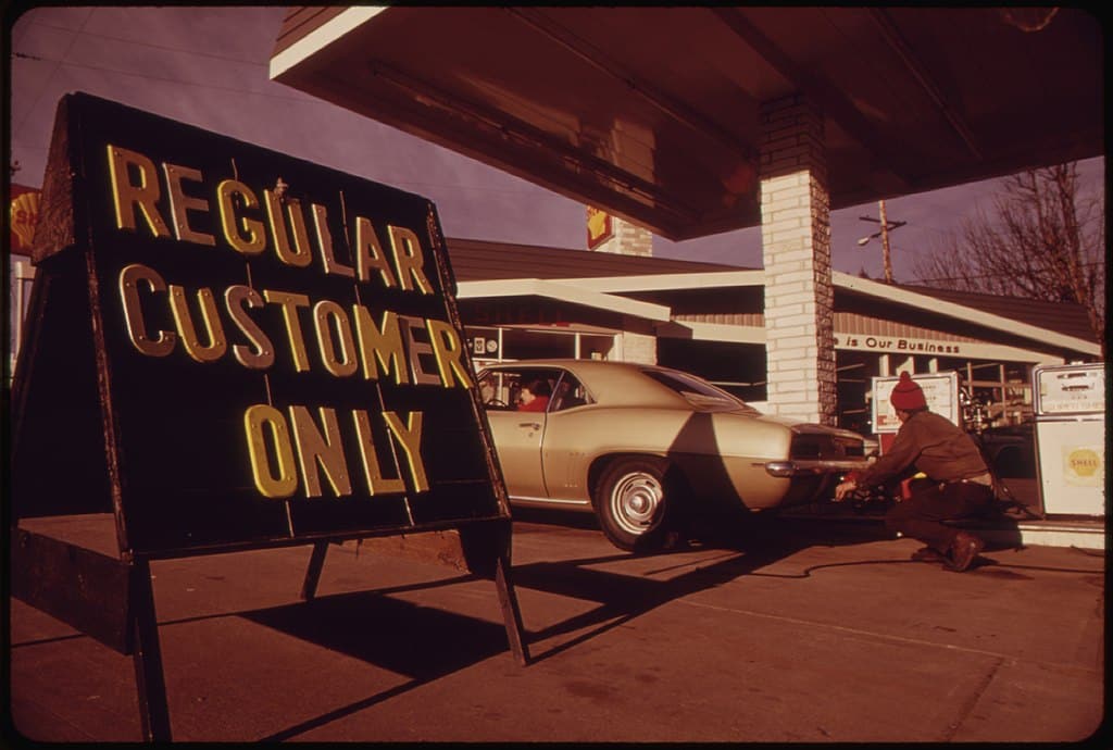 Prior to Oregon's Regulation of Gasoline Station Fuel Sales Some Dealers Attempted to Sell Only to Their Regular Customers This Driver in Portland Was a Normal Customer (01-1974)