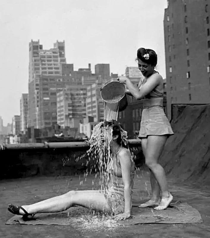 1940s NY City Rooftop Bathing Females Cooling Off