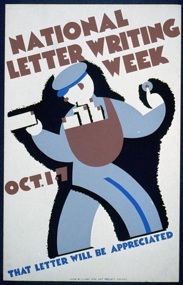 National letter writing week, Oct. 1-7- Poster showing a mail carrier holding a letter. (Taken sometime in 1936)