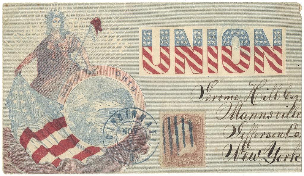 Civil War envelope showing Columbia with American flag and state seal of Ohio (Taken circa 1861)