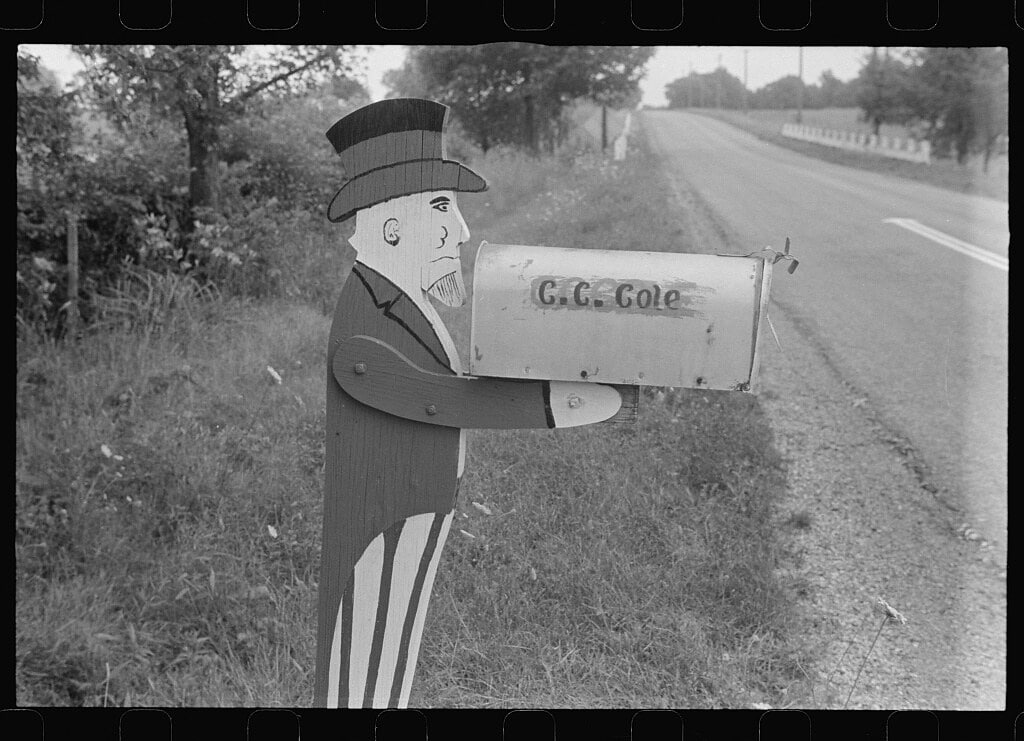 Mailbox on farm in central Ohio (1938 Summer)