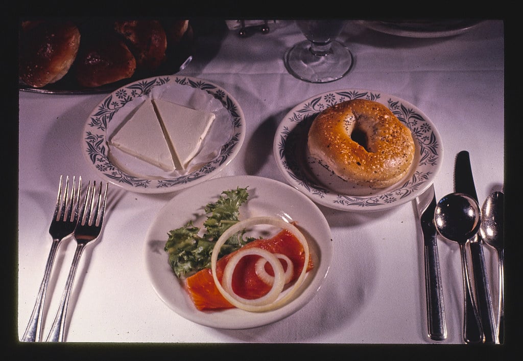 Nova lox, bagel and cream cheese, Kutsher's, Thompson, New York (1977)