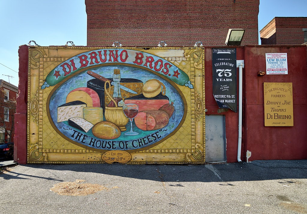Wall art advertising the Di Bruno Brothers' cheese shop in the south Philadelphia neighborhood, home to a large Italian-American community in Philadelphia, Pennsylvania