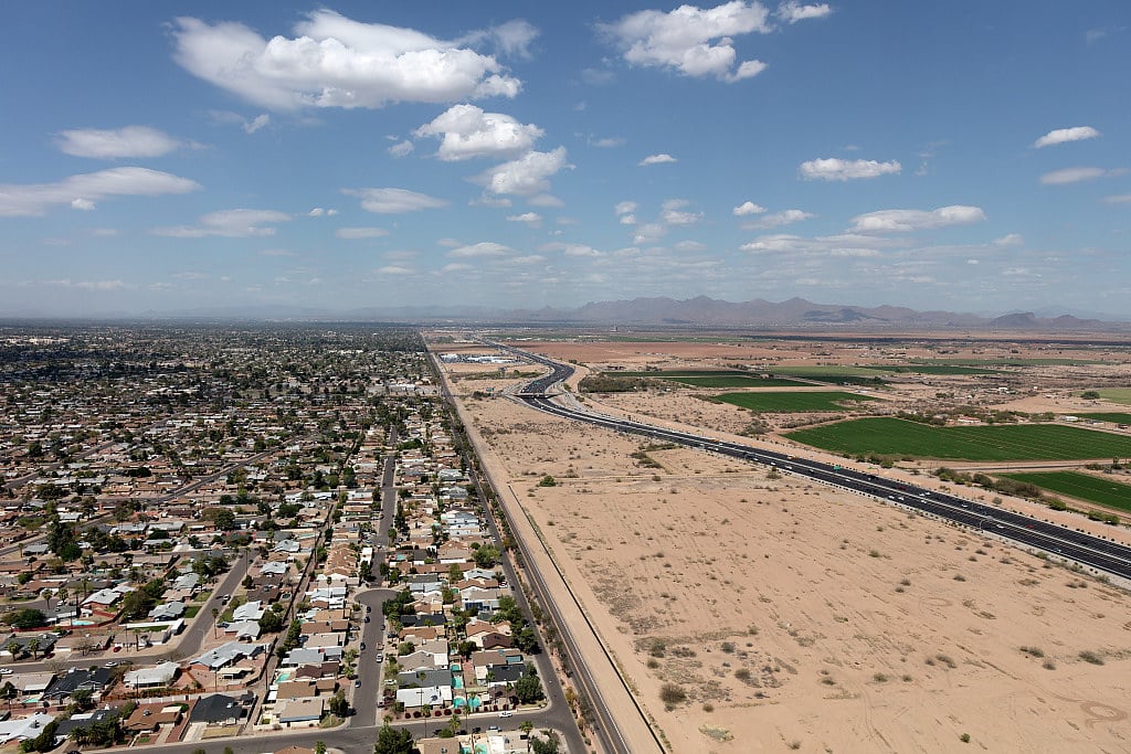 Aerial view of a portion of Scottsdale, Arizona, an upper-income Phoenix suburb that in some places (including here) still borders the open desert (2018-03-26)