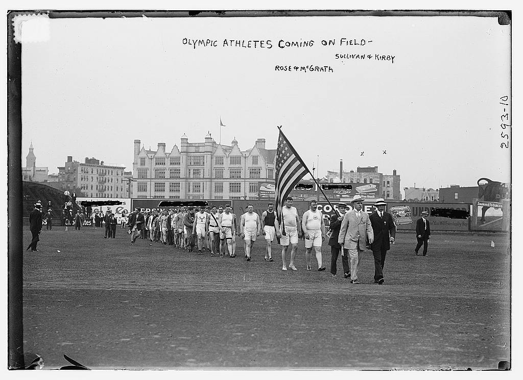 Olympic athletes coming on field- Photo related to the 5th Olympic Games, held in Stockholm, Sweden, in 1912.