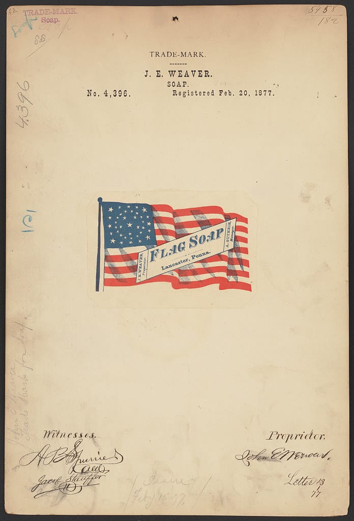 Trademark registration by J. E. Weaver for Flag brand Soap (1877 Feb. 20)
