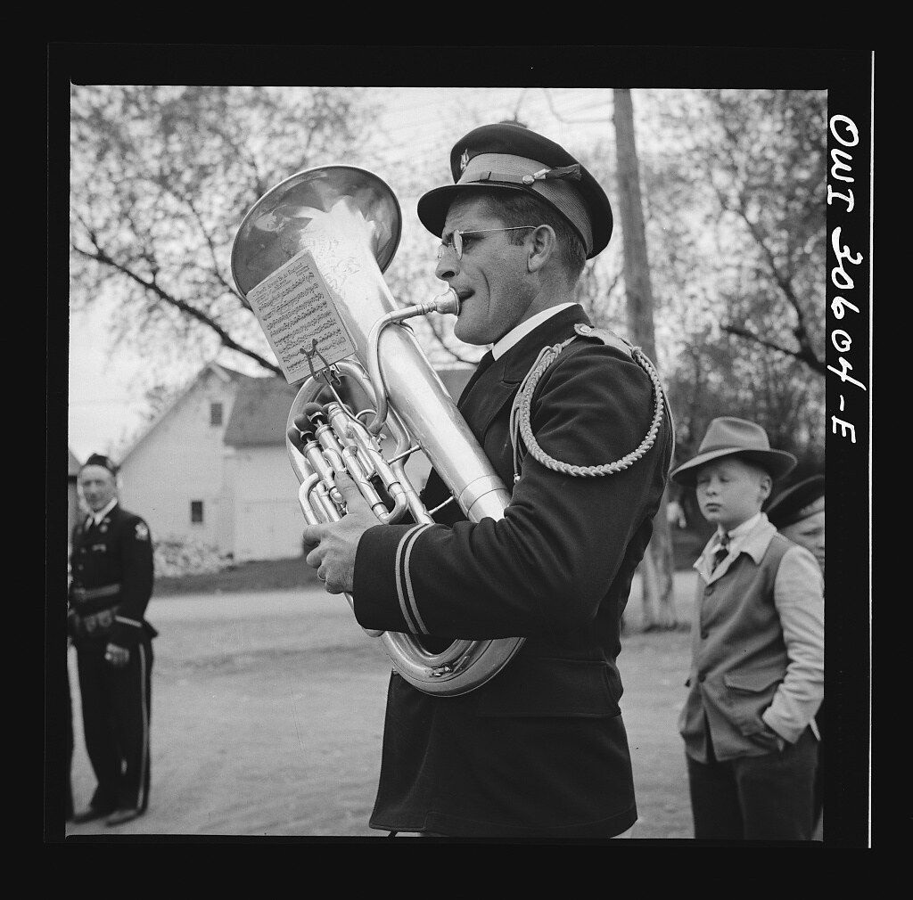 Ashland, Aroostook County, Maine. Brass player in the town band during the Memorial Day ceremonies (1943 May)