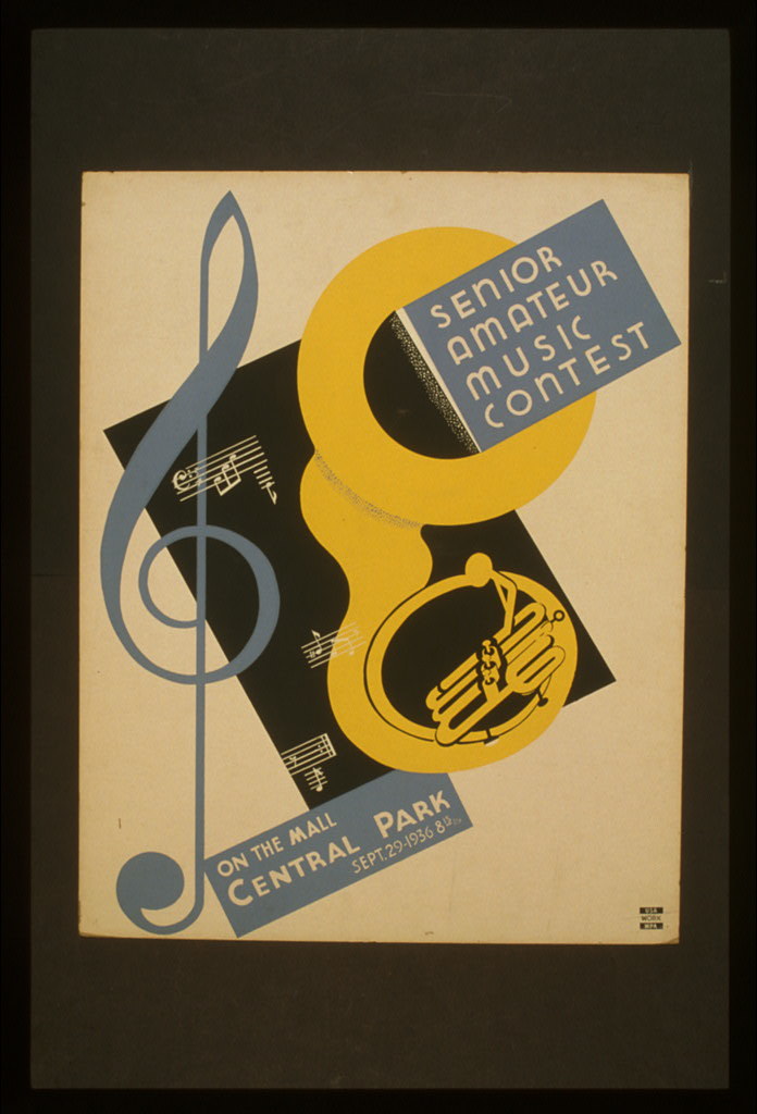 Senior amateur music contest on the mall, Central Park (Sept. 29 - 1936 8:15 p.m.)- Poster announcing musical contest in Central Park, showing tuba and musical notation.