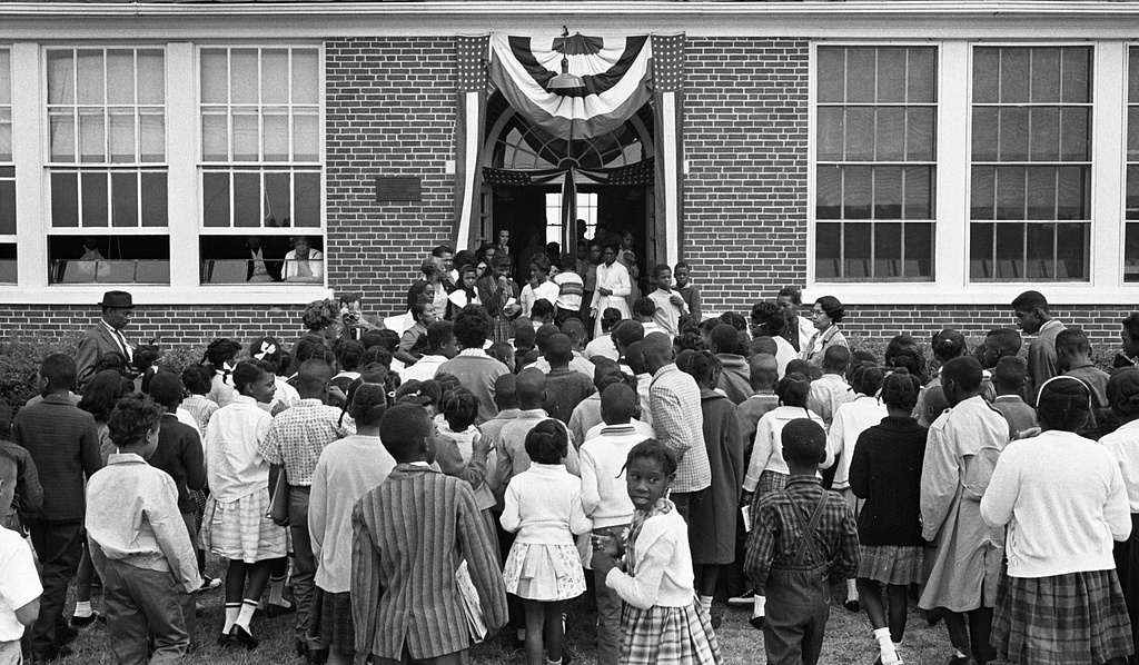 African American school children entering the Mary E. Branch School at S. Main Street and Griffin Boulevard, Farmville, Prince Edward County, Virginia (1963 Sept. 16)