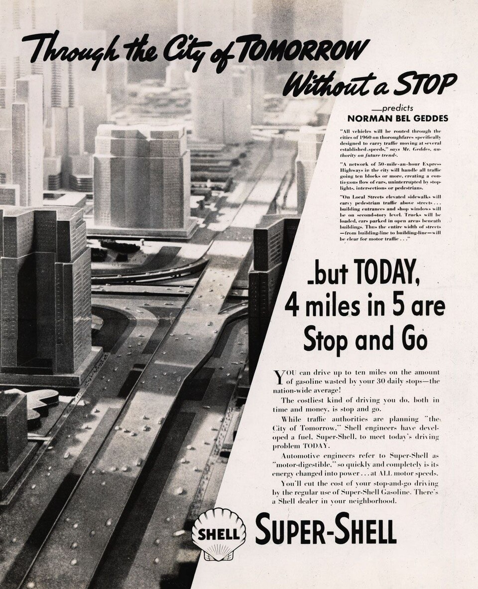 Through the City of Tomorrow Without a Stop Shell Oil advertisement 1937