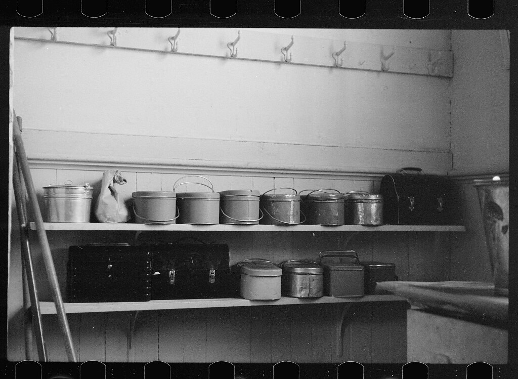 Lunch pails in rural school, Wisconsin (1939 Sept.)