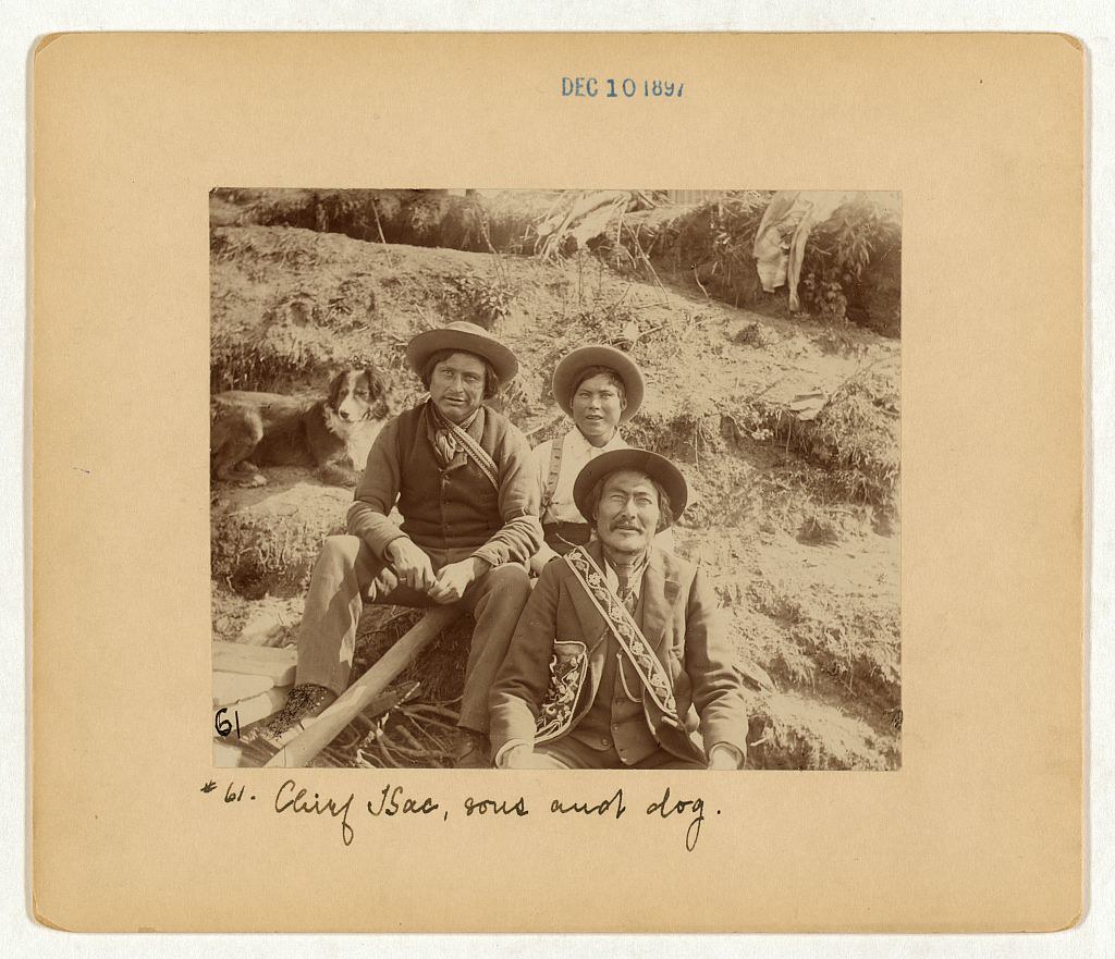 Chief Isac, sons, and dog on the shore. (ca 1897 Dec. 10)