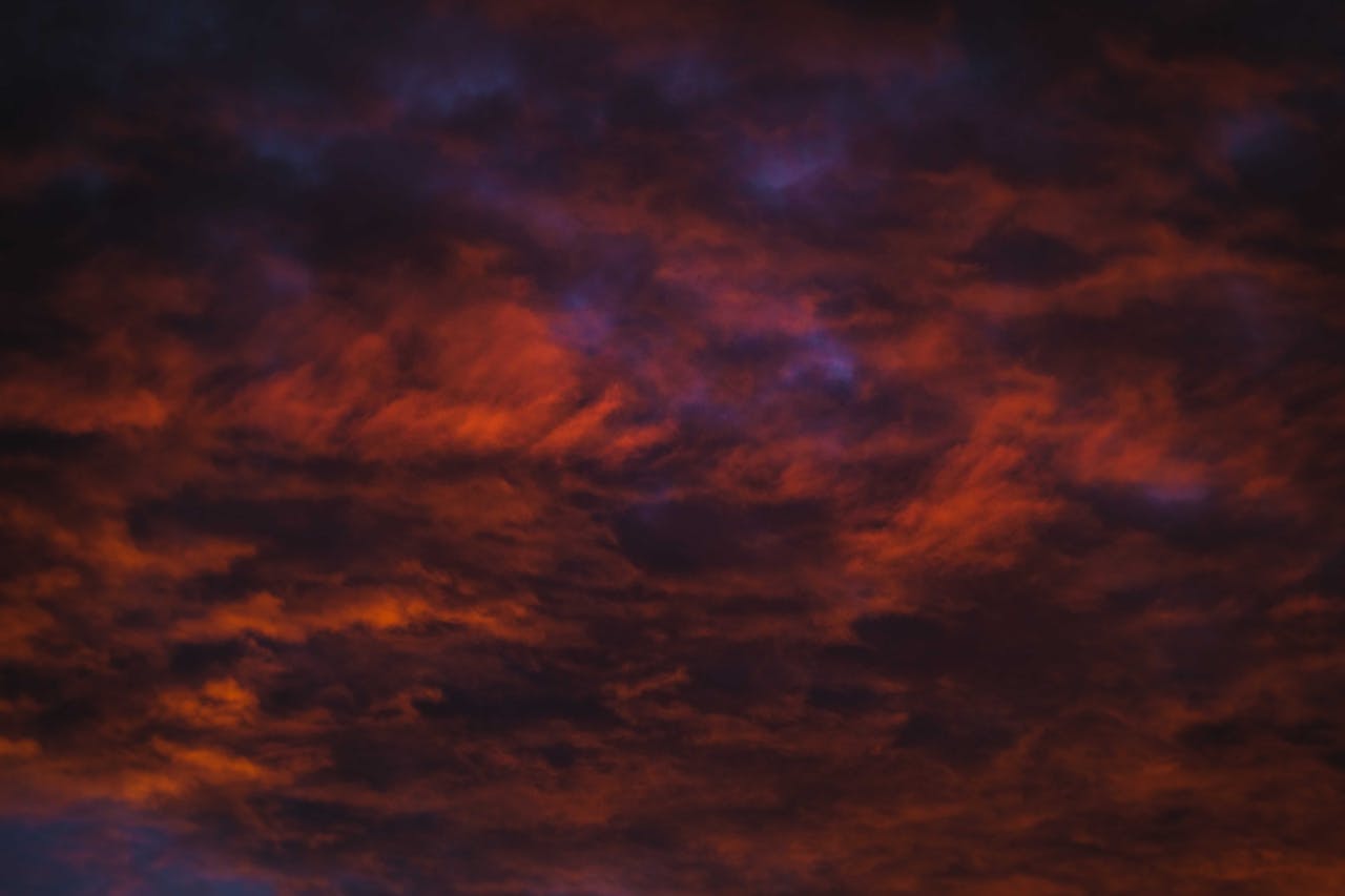 Heavy red clouds at sunset.