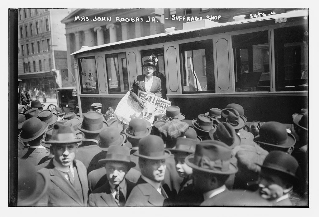 Elizabeth S.W. Rogers at the suffrage shop van