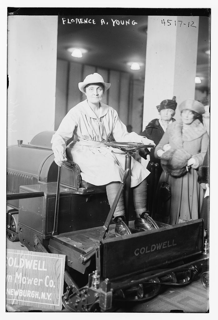 Florence Young on a Coldwell motor mower