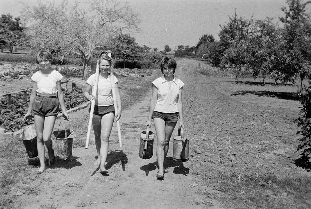 Girls with buckets and watering cans, 1960