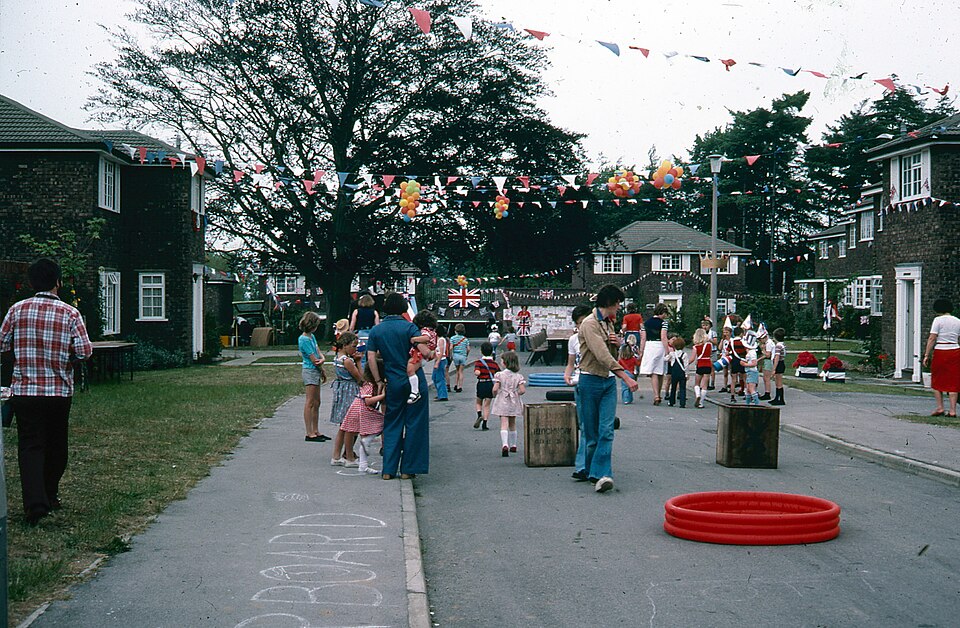 This shows people at the street party at Lynwood Chase, Bracknell. The street party was in June 1977, probably 11 June 1977