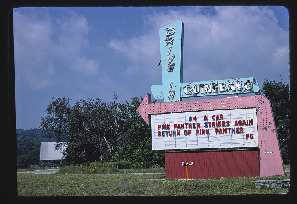 Quinebaug Drive-In Theater sign, horizontal view, Route 131, Quinebaug, Connecticut (1977)