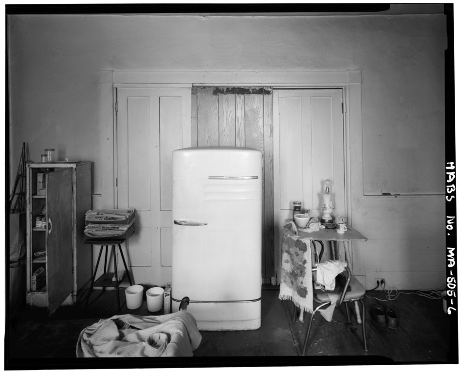 Interior, living room, first floor front - 30-32 Atlantic Block, 401-403 Canal Street and 2 Amesbury Street, Lawrence, Essex County, MA. Circa 50s. 50s Refrigerator