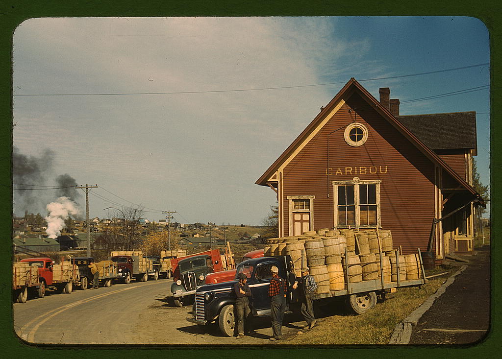 Potato trucks at starch factory, Caribou, Maine, 1940