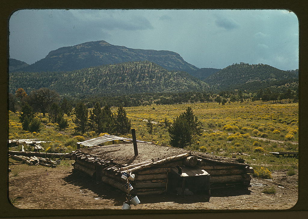 Dugout house of Faro Caudill, homesteader with Mt. Allegro in the background, Pie Town, New Mexico (1940 Oct.)