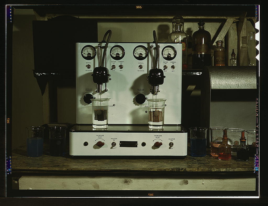 Apparatus used at the laboratory at the C & NW RR's 40th Street yards for analysing solutions of metals used in locomotives and the railroad plant, in general, Chicago, Ill. (1942 Dec.)