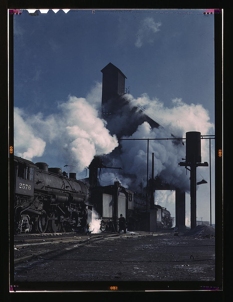 Locomotives over the ash pit at the roundhouse and coaling station at the Chicago and Northwestern Railroad yards, Chicago, Ill. (1942 Dec.)