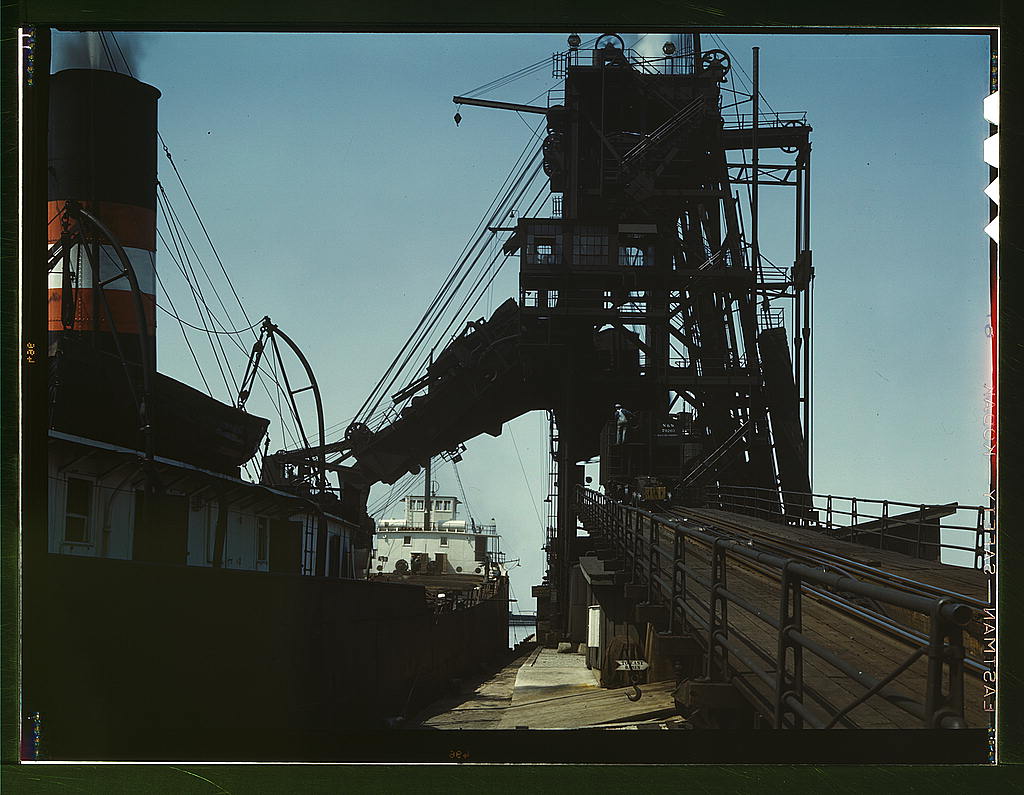 Loading a lake freighter with coal for shipment to other lake ports, Sandusky, Ohio (1943 May)