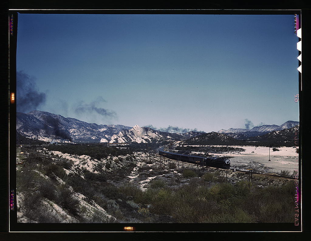 Santa Fe RR streamliner and freight train Cajon Pass 1943