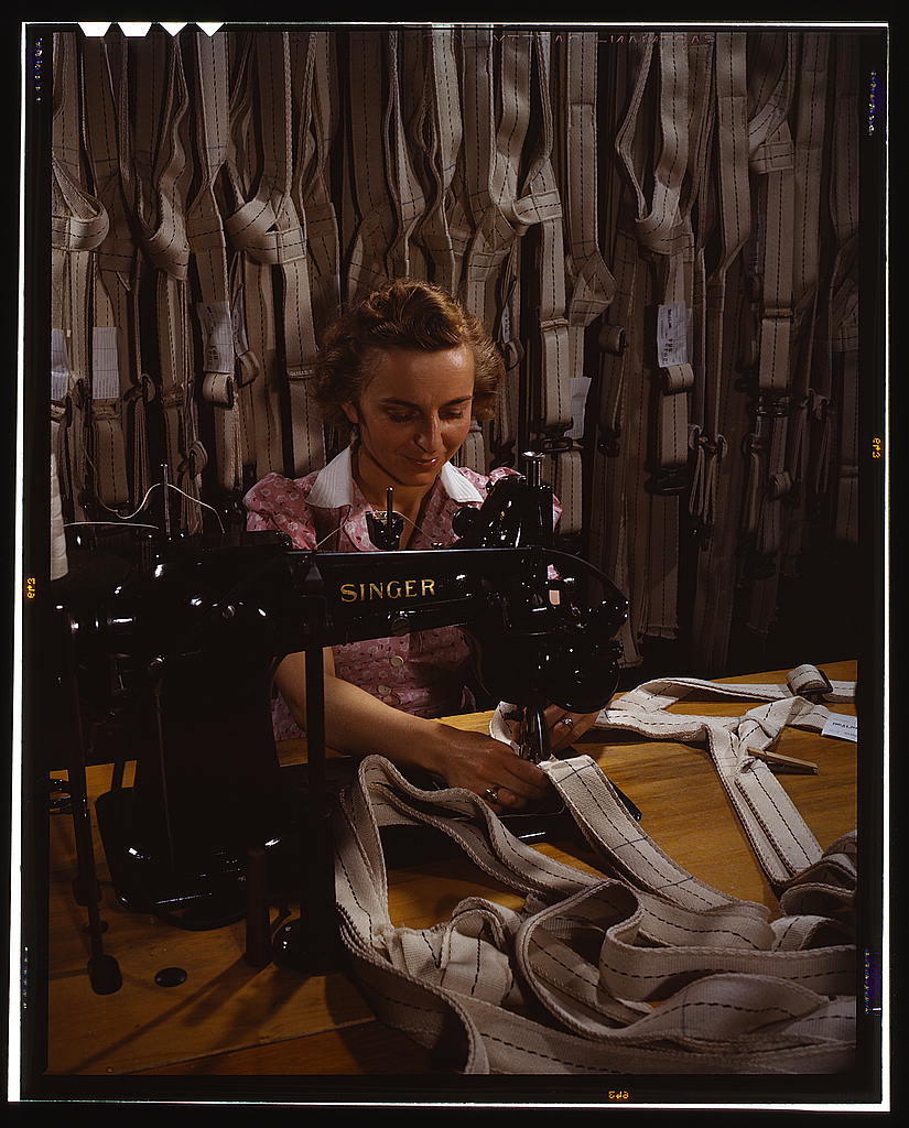 Making harnesses, Mary Saverick stitching, Pioneer Parachute Company Mills, Manchester, Conn. (1942 July)