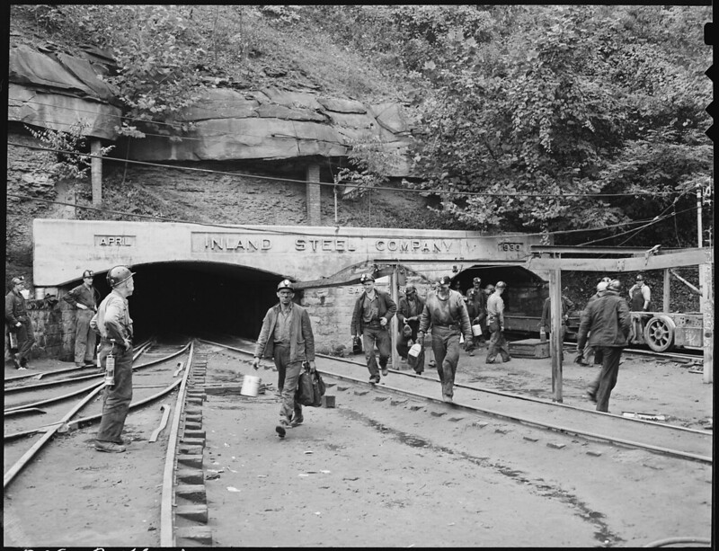 Miners changing shifts at the mine portal, Kentucky.