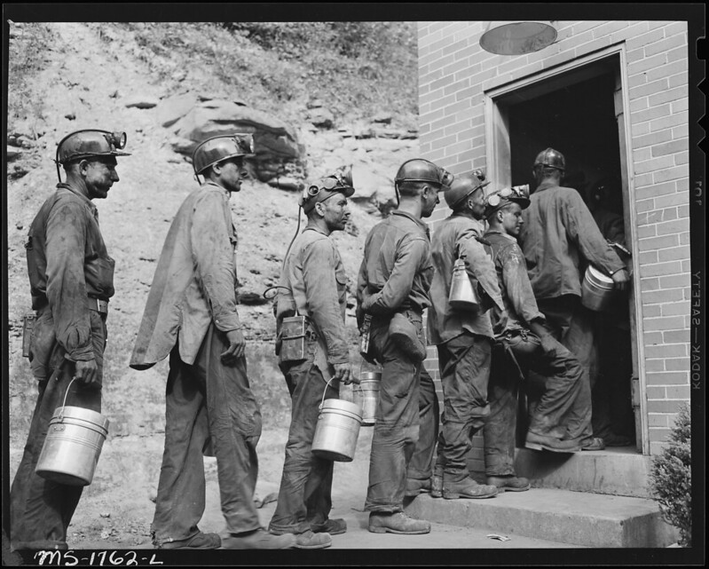 Miners check in at the lamp house, Kopperston, West Virginia.