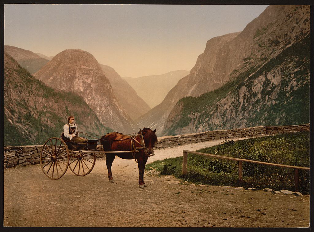 Norwegian carriage [Norway] — Print shows a woman in a horse-drawn carriage on the Stalheimskleven (Stalheimskleiva), the road to Stalheim, Norway. (between ca. 1890 and ca. 1900)