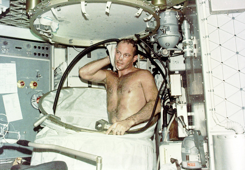 Jack Lousma takes a shower on Skylab