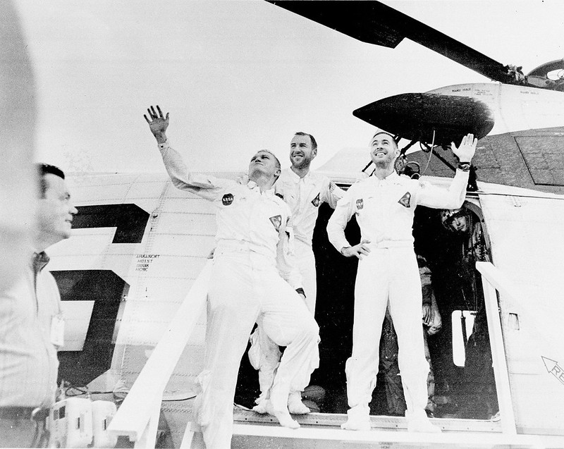 Waving Apollo 8 Astronauts Leaving Recovery Helicopter