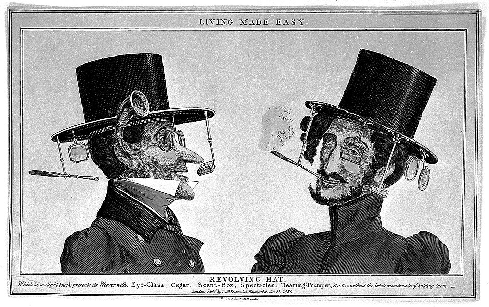 Illustration of a revolving Victorian hat with eyeglasses