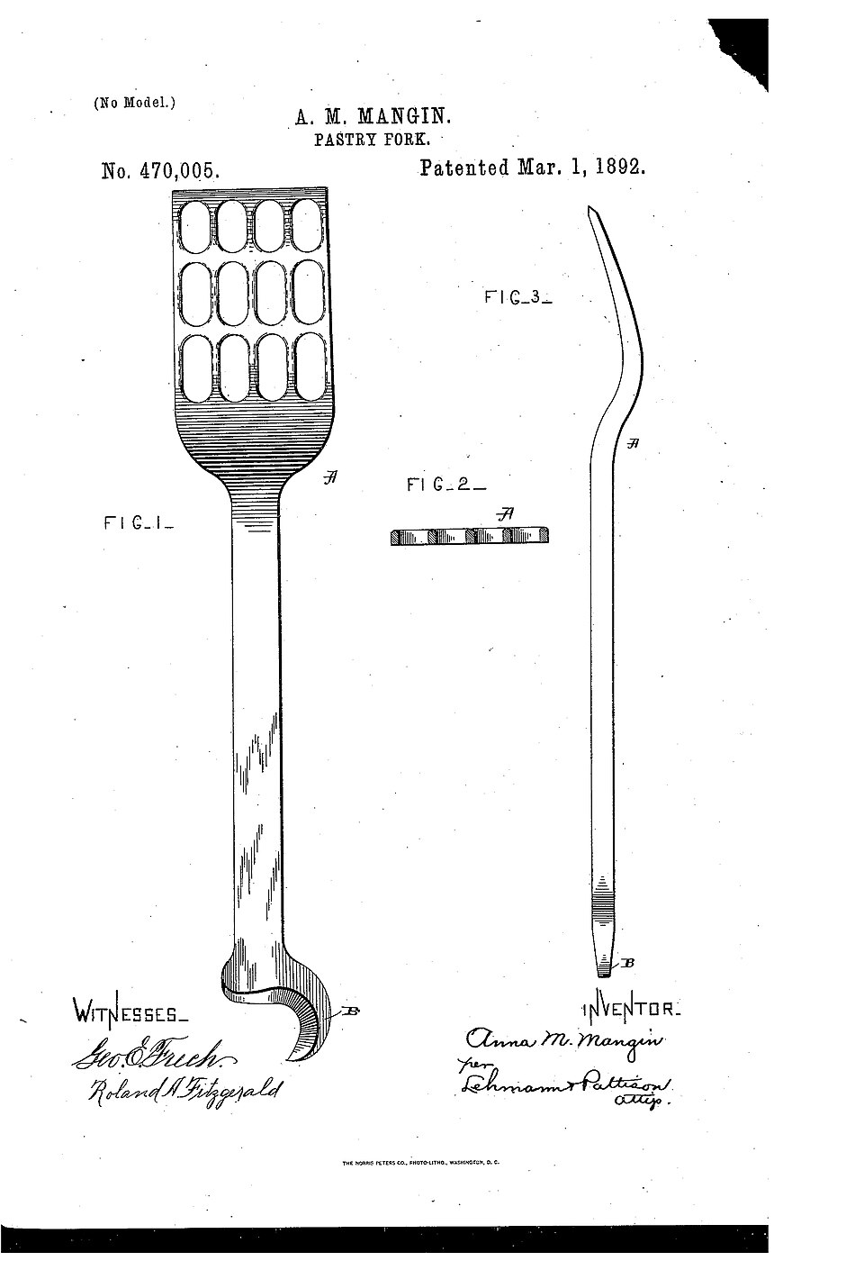 Patent drawing of Anna Mangin's pastry fork