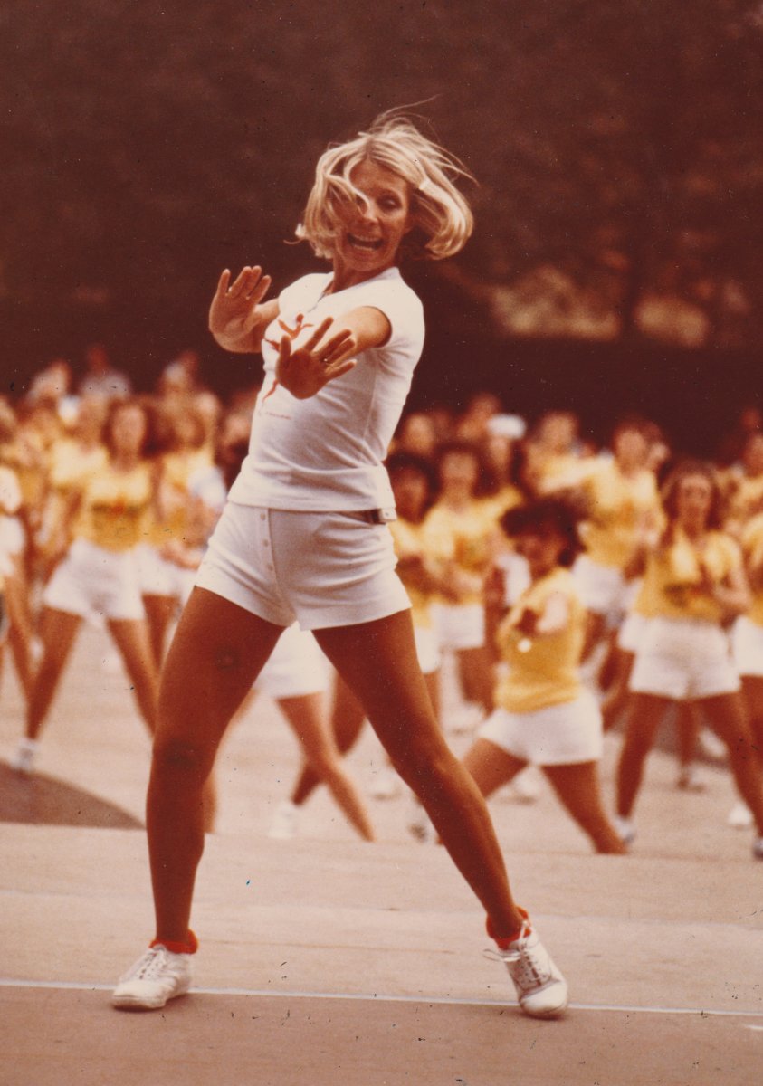 Jacki Sorensen leads aerobics in New York, late 1970s