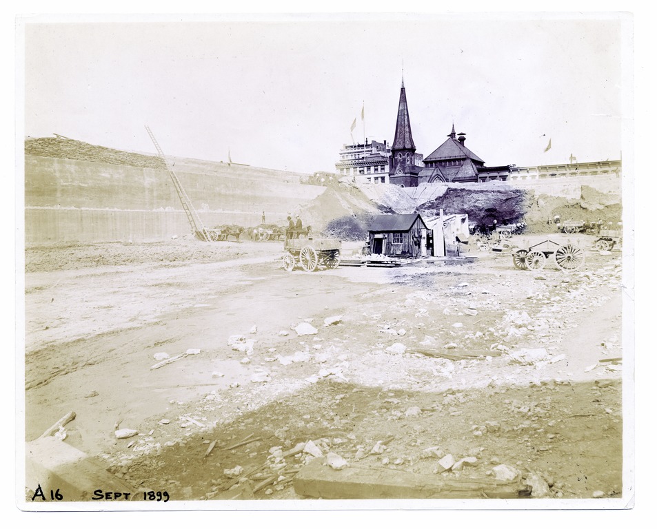 Demolition of the Croton Reservoir, looking north. 1899